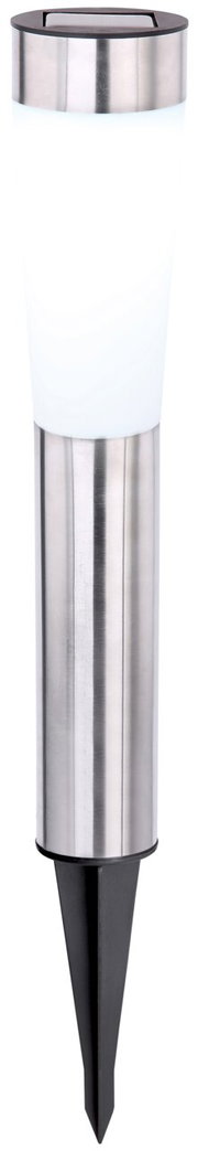 Solarleuchte aus Edelstahl mit weißem Leuchtkörper und Erdspieß, seitliche Ansicht