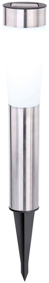 Solarleuchte aus Edelstahl mit weißem Leuchtkörper und Erdspieß, seitliche Ansicht