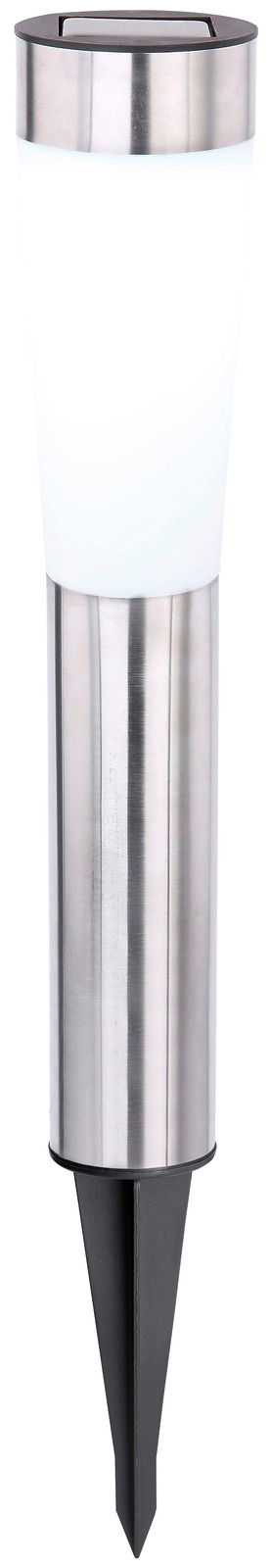 Solarleuchte aus Edelstahl mit weißem Leuchtkörper und Erdspieß, seitliche Ansicht