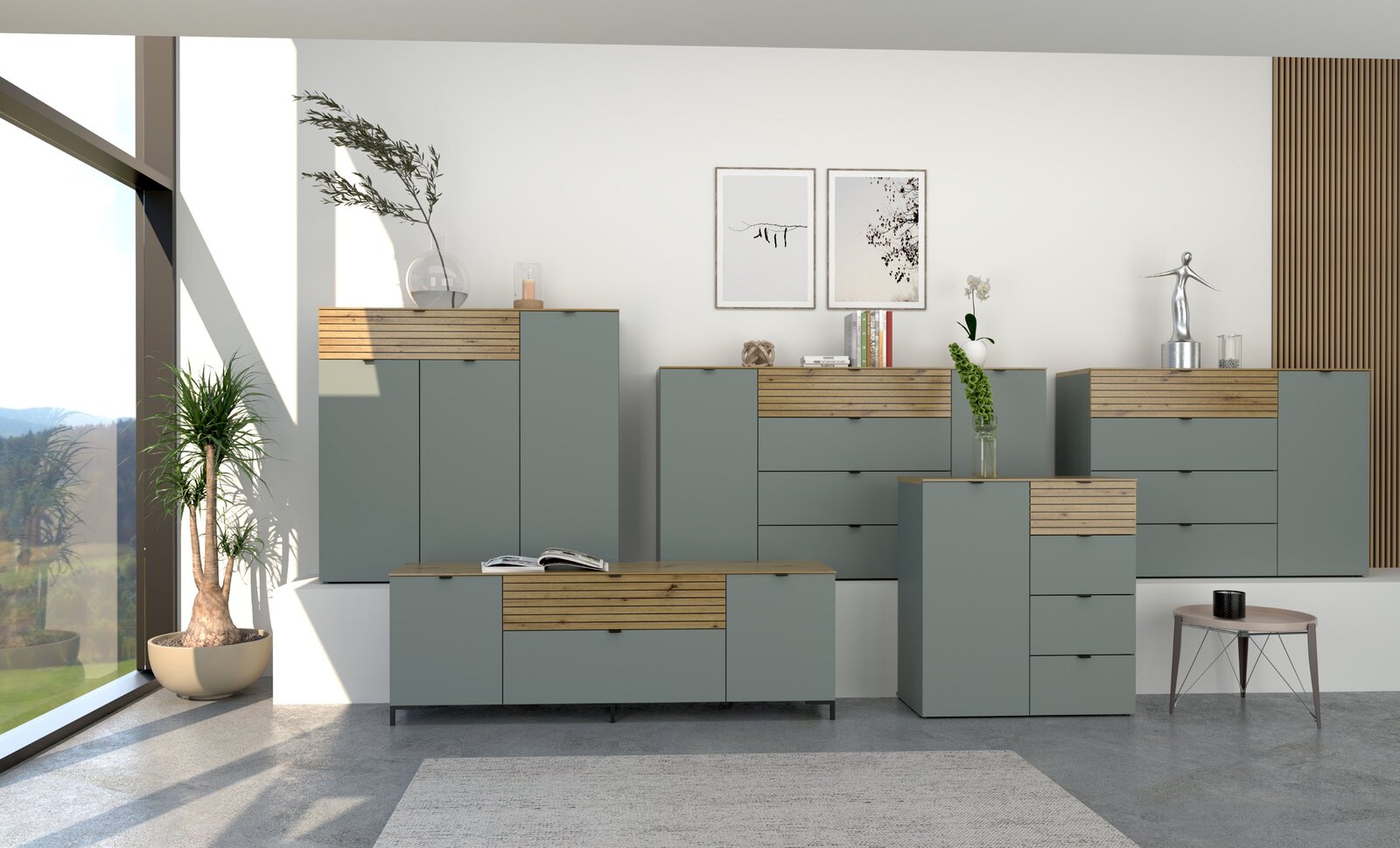 Moderne Garderobenmöbel in einem Wohnzimmer mit grauen Schränken und Holzdetails, seitliche Perspektive