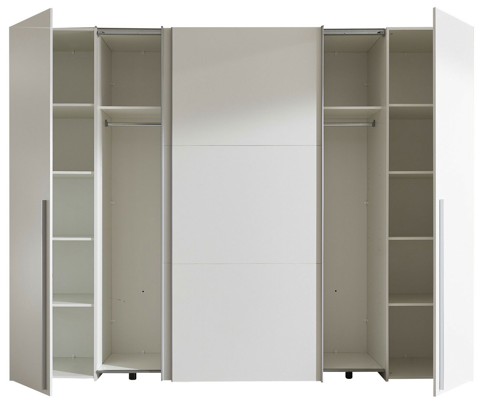 Offener Dreh- und Schwebetürenschrank mit vier Türen, Innenansicht mit Regalböden und Kleiderstangen, frontale Perspektive
