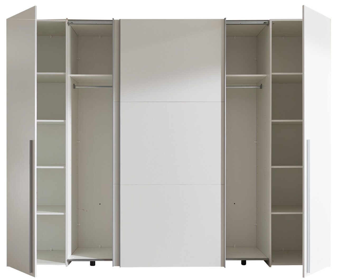 Offener Dreh- und Schwebetürenschrank mit vier Türen, Innenansicht mit Regalböden und Kleiderstangen, frontale Perspektive