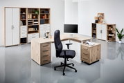 Moderne Büroumgebung mit einem Eckschreibtisch in Holzoptik, umgeben von Regalen und Schränken. Perspektive von vorne.