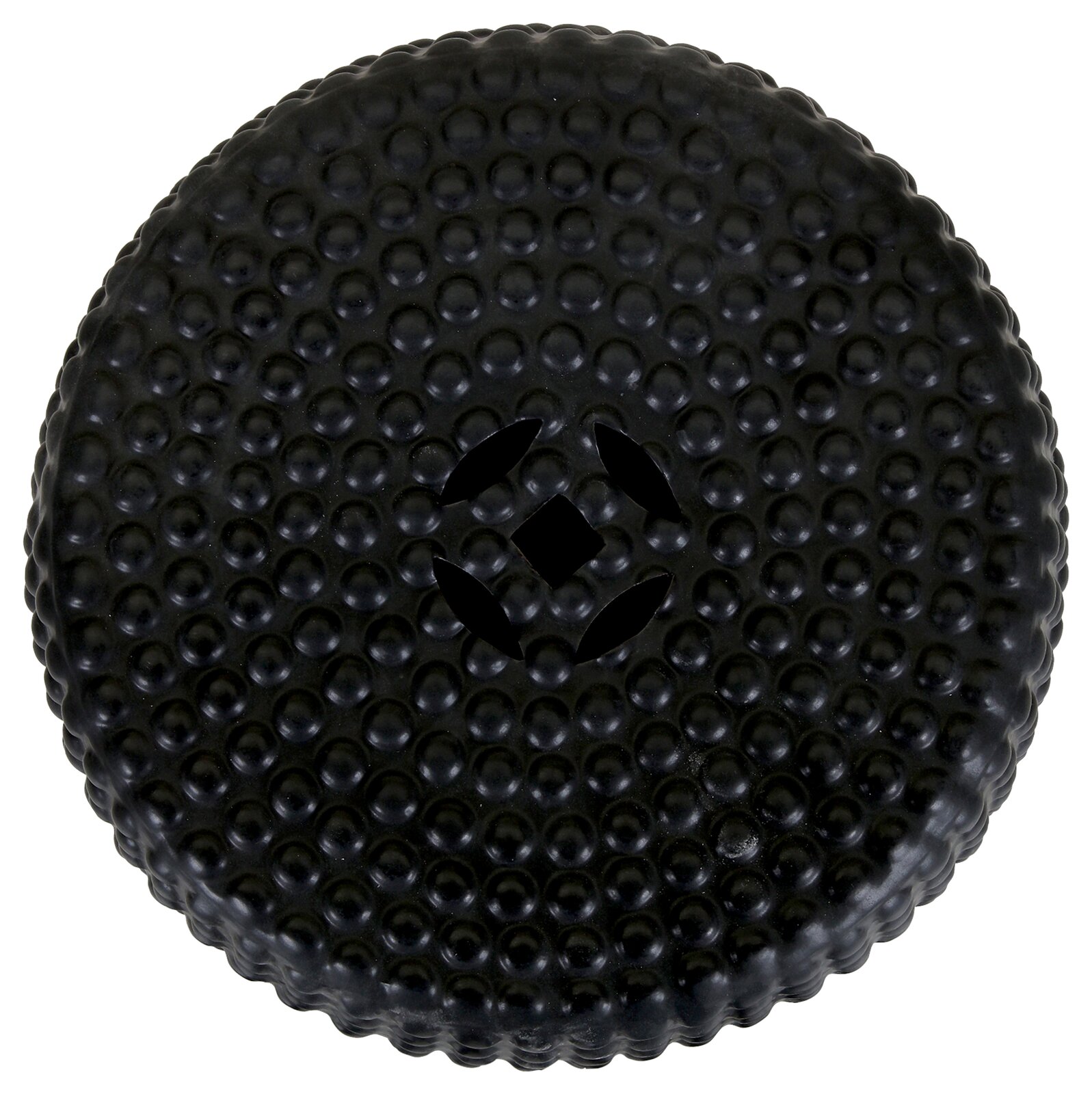 Schwarzes, rundes Balancekissen mit Noppenstruktur und Ventilöffnung in der Mitte, Draufsicht von oben auf weißem Hintergrund