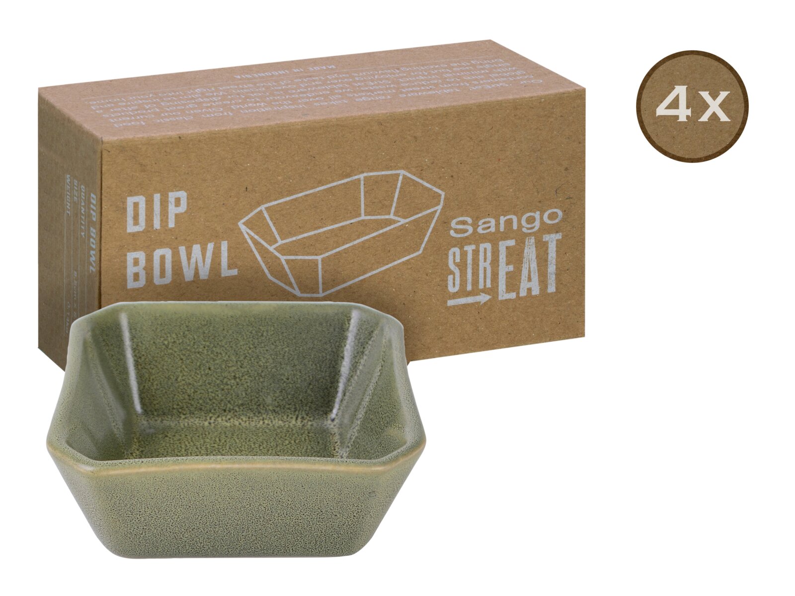 Creatable Dip Bowl 4-tlg STREET FOOD Grüne, eckige Dip-Schale aus Keramik/Steinzeug vor brauner „sango STREAT“ Dip-Bowl-Verpackung (4er-Set), Produktansicht schräg von vorne leicht von oben.
