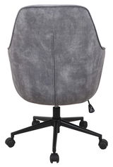 Grauer Drehstuhl von hinten mit schwarzem Fußkreuz und Rollen