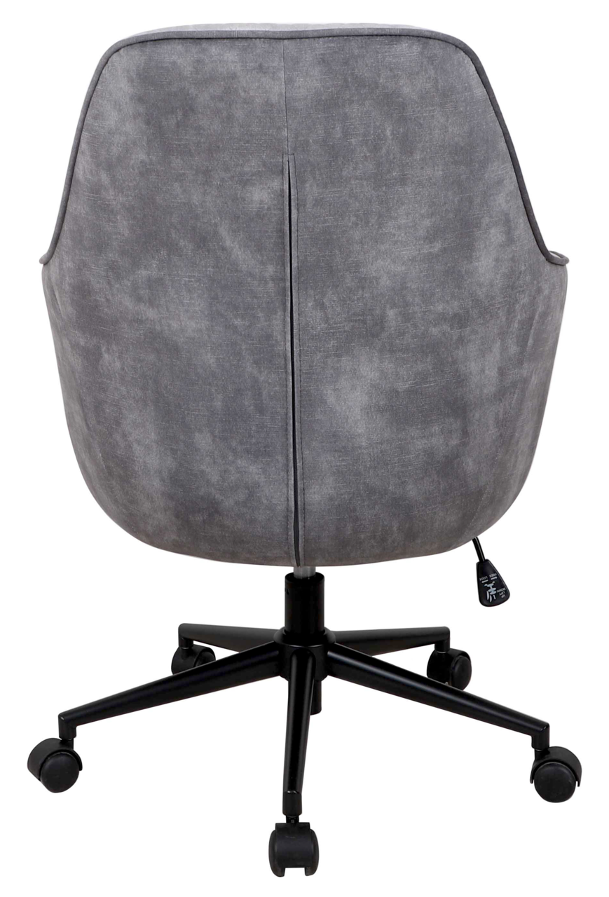 Grauer Drehstuhl von hinten mit schwarzem Fußkreuz und Rollen