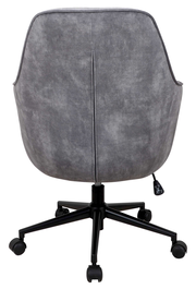 Grauer Drehstuhl von hinten mit schwarzem Fußkreuz und Rollen