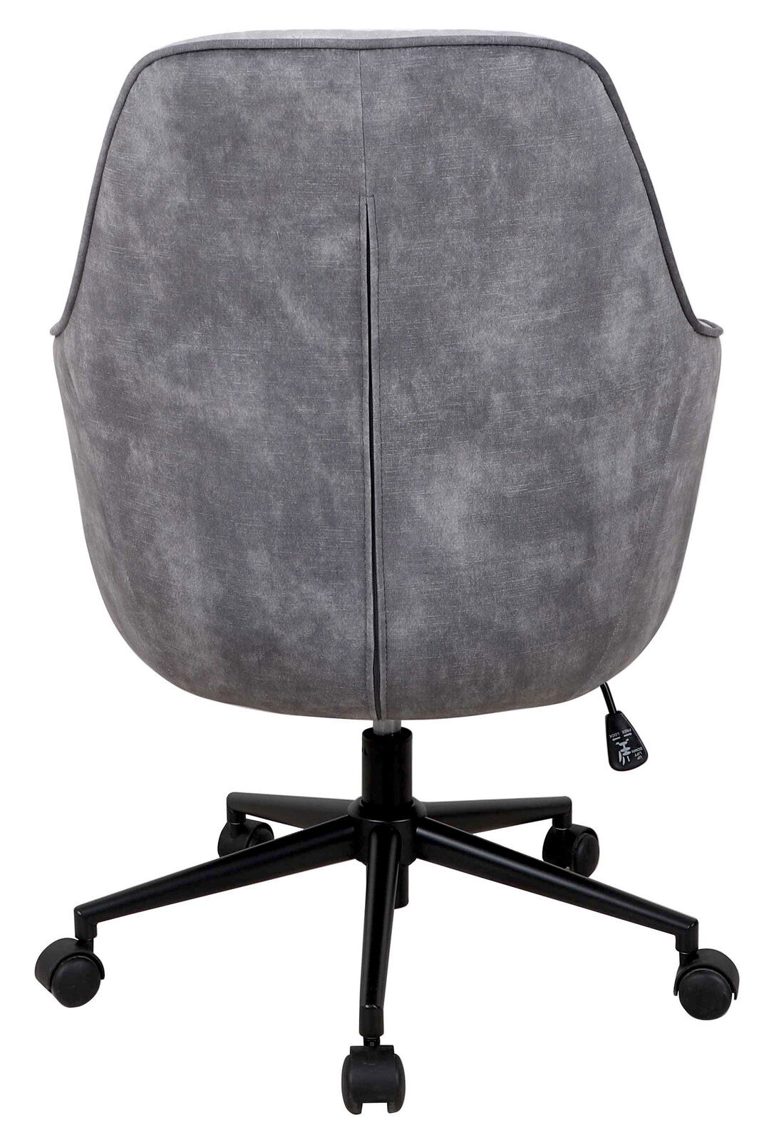 Grauer Drehstuhl von hinten mit schwarzem Fußkreuz und Rollen