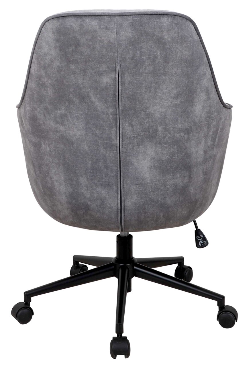 Grauer Drehstuhl von hinten mit schwarzem Fußkreuz und Rollen