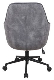 Grauer Drehstuhl von hinten mit schwarzem Fußkreuz und Rollen