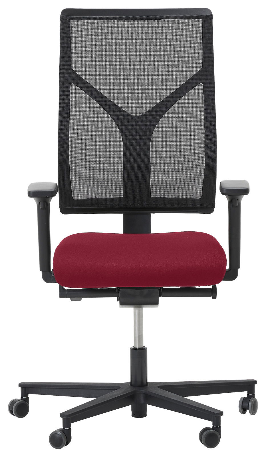 Bürodrehstuhl mit rotem Sitzpolster und grauer Netzrückenlehne, Vorderansicht