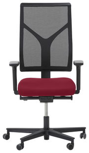Bürodrehstuhl mit rotem Sitzpolster und grauer Netzrückenlehne, Vorderansicht