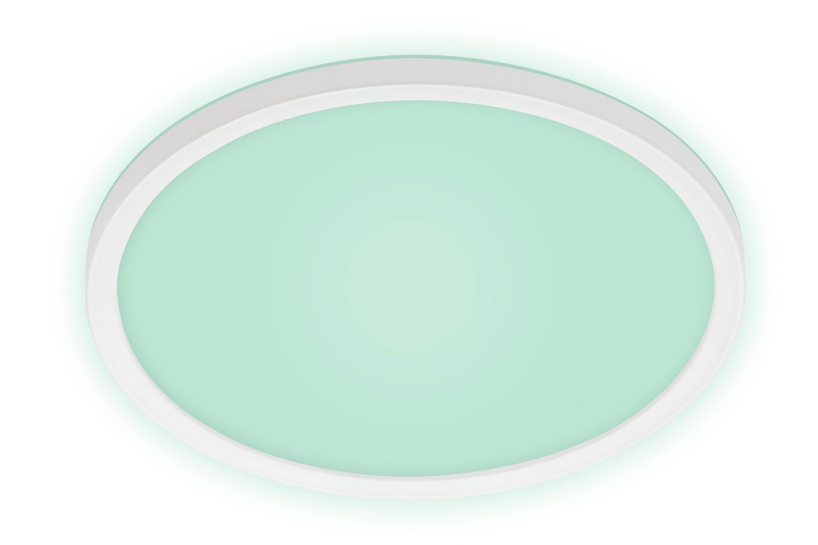 Runde LED-Deckenleuchte mit weißem Rahmen und grünlichem Licht, Ansicht von unten.