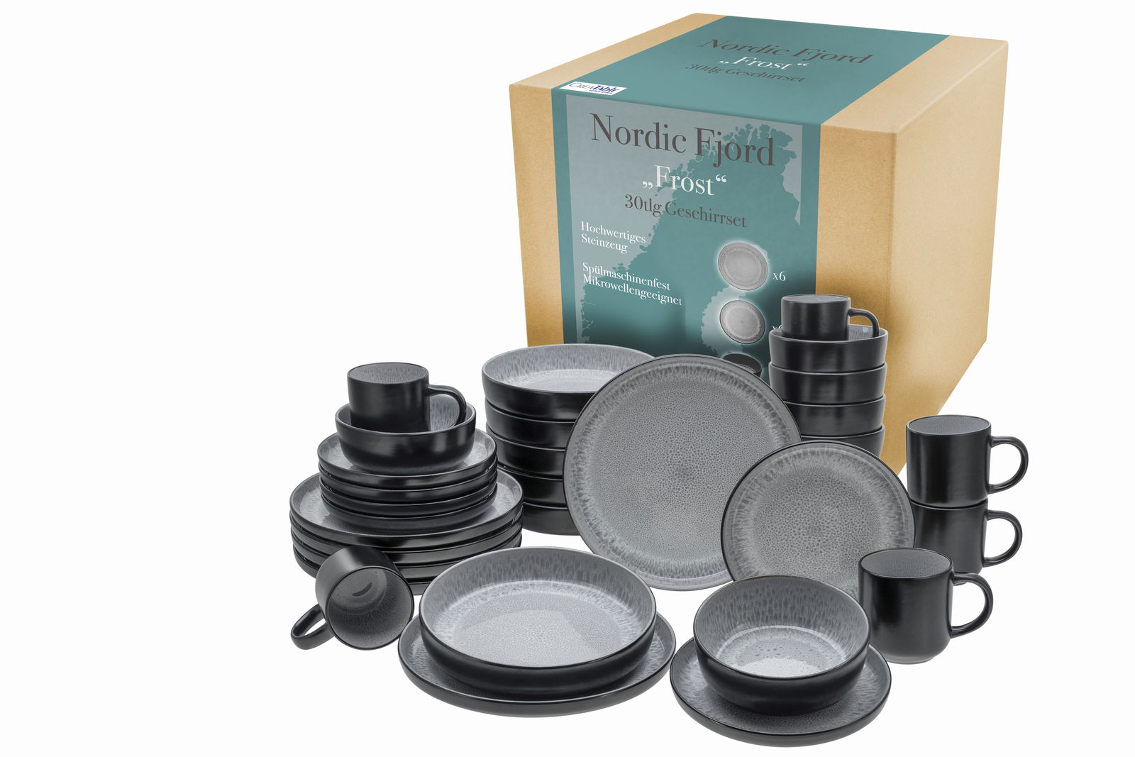 Kombiservice 30-tlg. Frost aus hochwertigem Steingut in Schwarz und Grau, bestehend aus Tellern, Schalen und Tassen, in einer ansprechenden Verpackung, seitliche Perspektive.