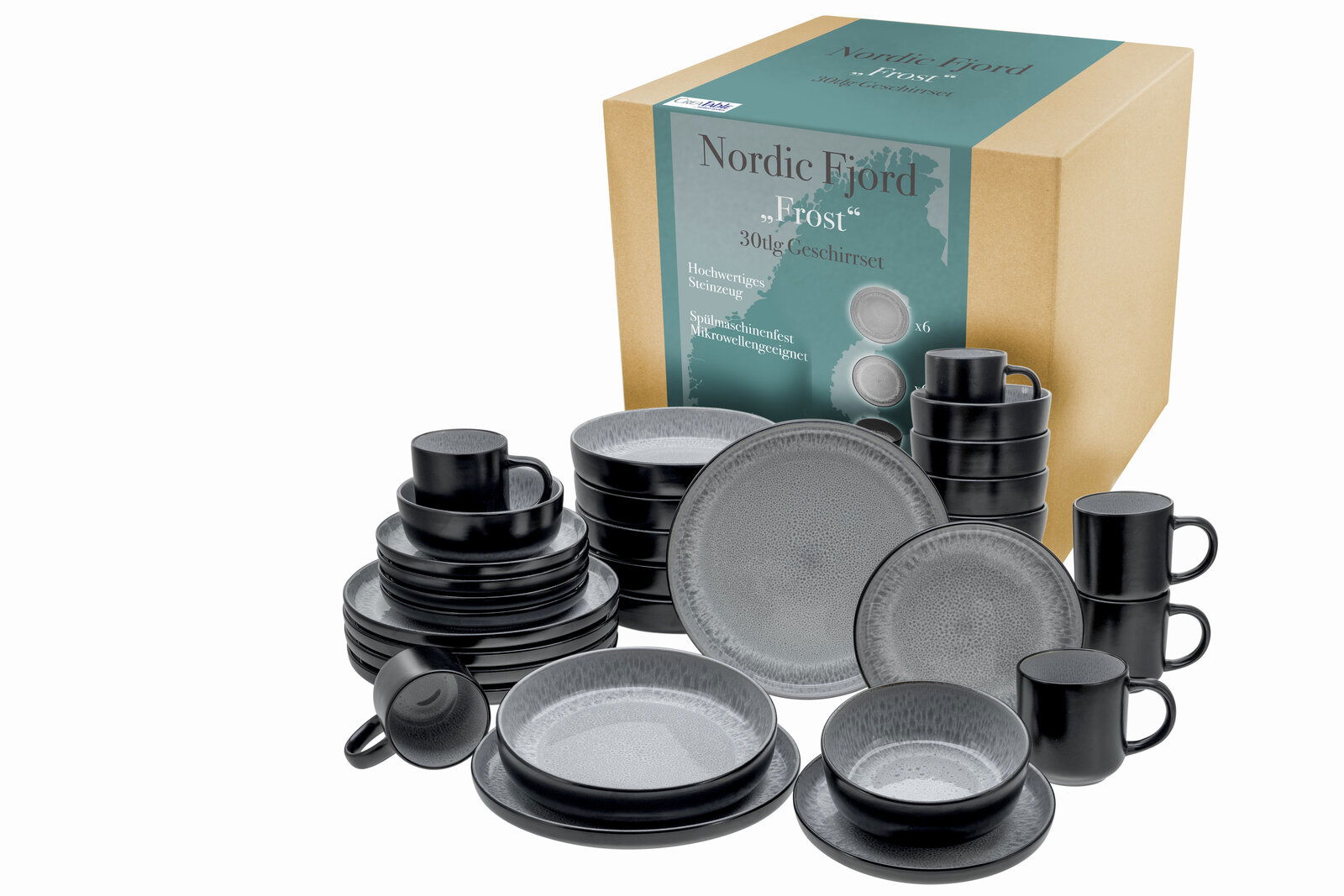 Kombiservice 30-tlg. Frost aus hochwertigem Steingut in Schwarz und Grau, bestehend aus Tellern, Schalen und Tassen, in einer ansprechenden Verpackung, seitliche Perspektive.