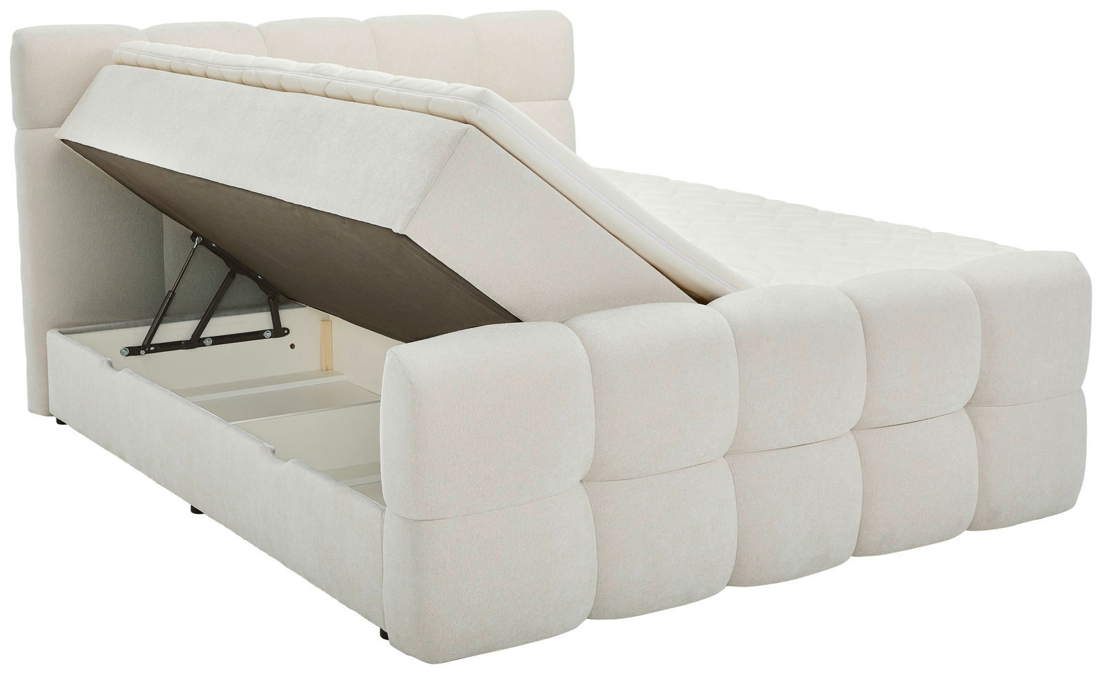 Boxbett mit hochgeklappter Matratze und Stauraum, seitliche Perspektive
