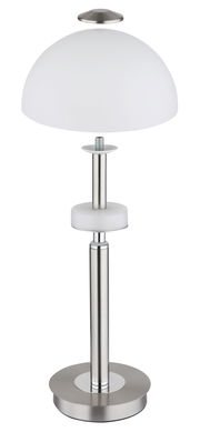 Moderne Tischleuchte ULDIN mit weißem Lampenschirm und silbernem Standfuß, seitliche Perspektive
