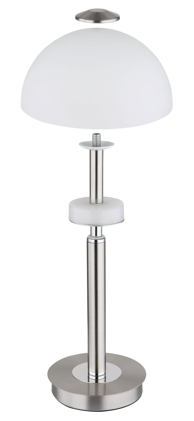 Moderne Tischleuchte ULDIN mit weißem Lampenschirm und silbernem Standfuß, seitliche Perspektive