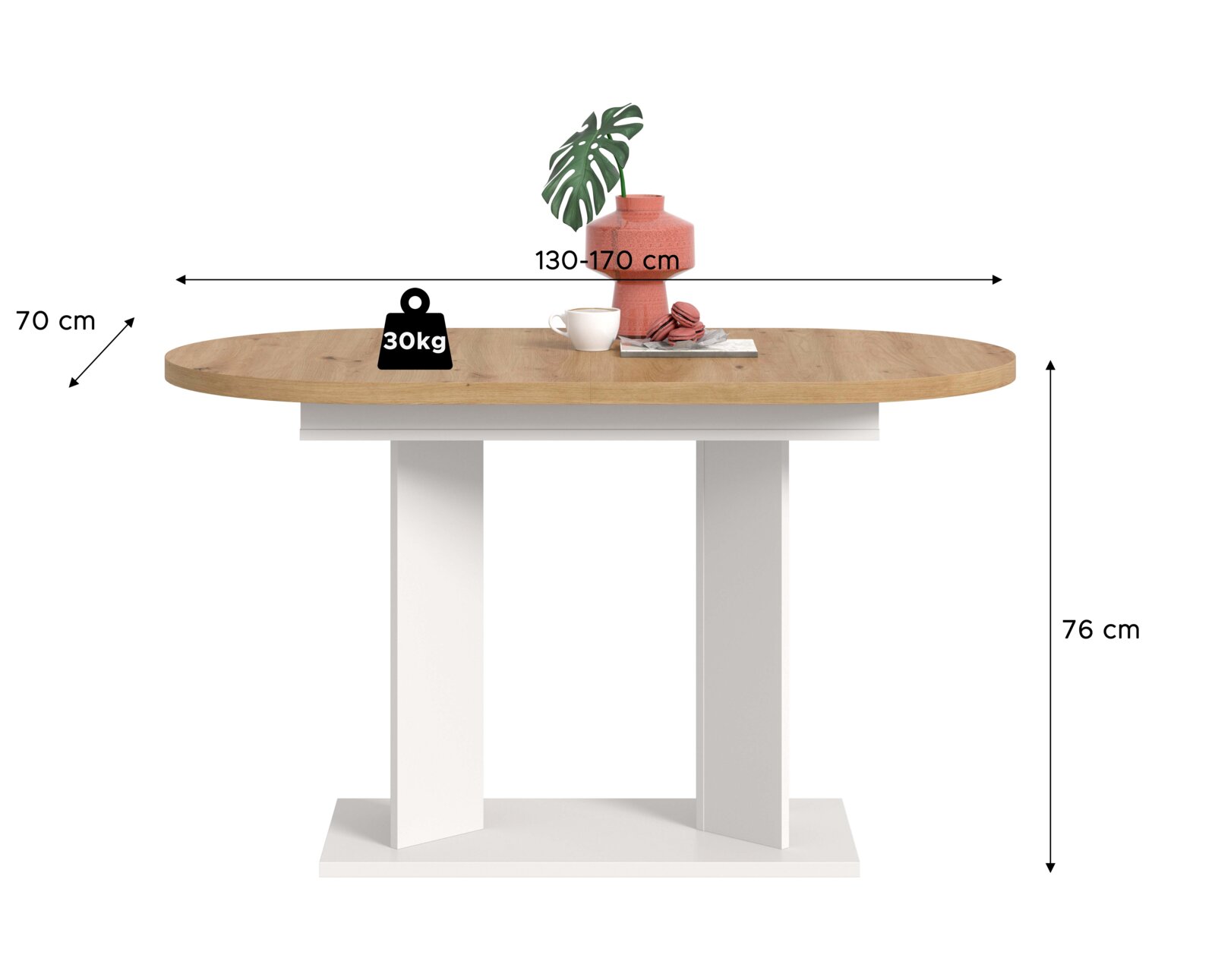 Ausziehbarer Esstisch mit ovaler Holzplatte und weißem Säulengestell, Länge 130–170 cm, Breite 70 cm, Höhe 76 cm, Tragkraft 30 kg, Frontansicht.
