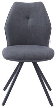 Grauer Stuhl mit gepolsterter Sitzfläche und Rückenlehne, Metallbeine, Frontalansicht