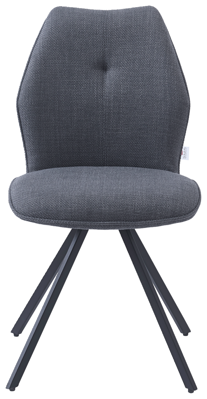 Grauer Stuhl mit gepolsterter Sitzfläche und Rückenlehne, Metallbeine, Frontalansicht