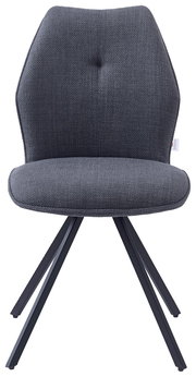 Grauer Stuhl mit gepolsterter Sitzfläche und Rückenlehne, Metallbeine, Frontalansicht