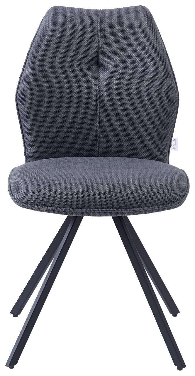 Grauer Stuhl mit gepolsterter Sitzfläche und Rückenlehne, Metallbeine, Frontalansicht