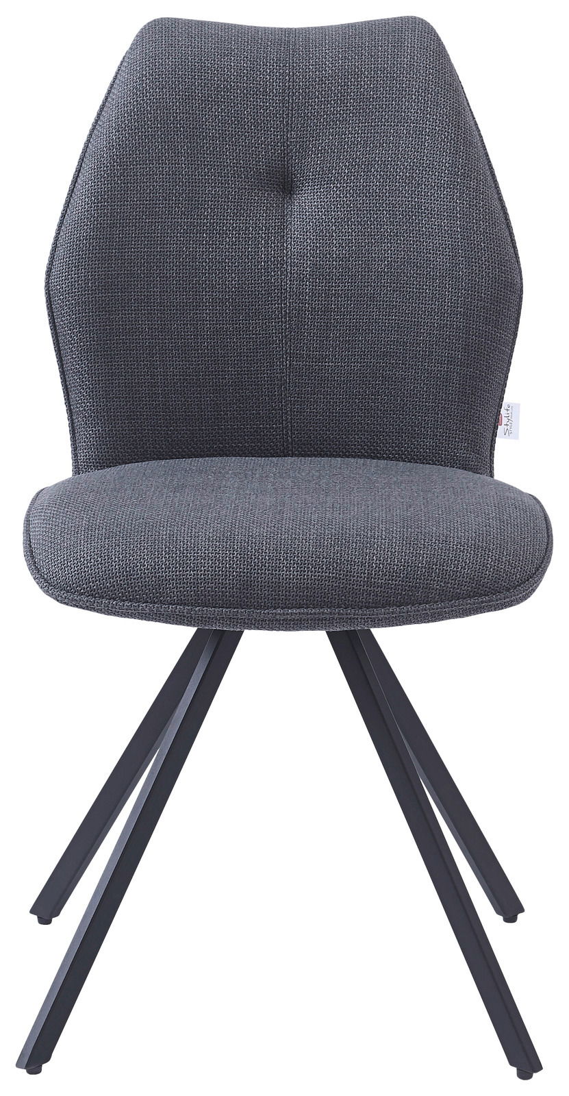 Grauer Stuhl mit gepolsterter Sitzfläche und Rückenlehne, Metallbeine, Frontalansicht