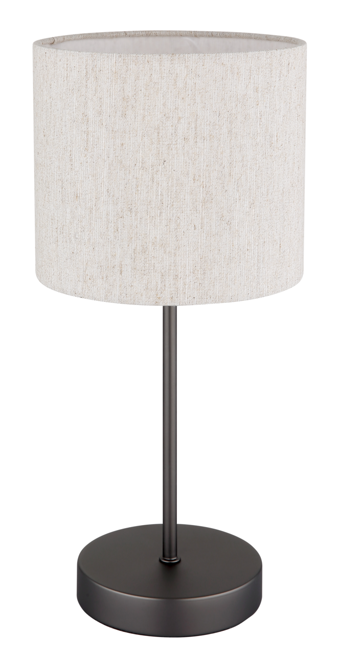 Moderne Tischleuchte mit rundem Stoffschirm in Beige und schwarzem Metallfuß, seitliche Perspektive.