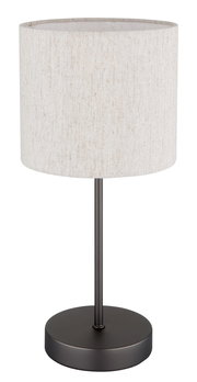 Moderne Tischleuchte mit rundem Stoffschirm in Beige und schwarzem Metallfuß, seitliche Perspektive.