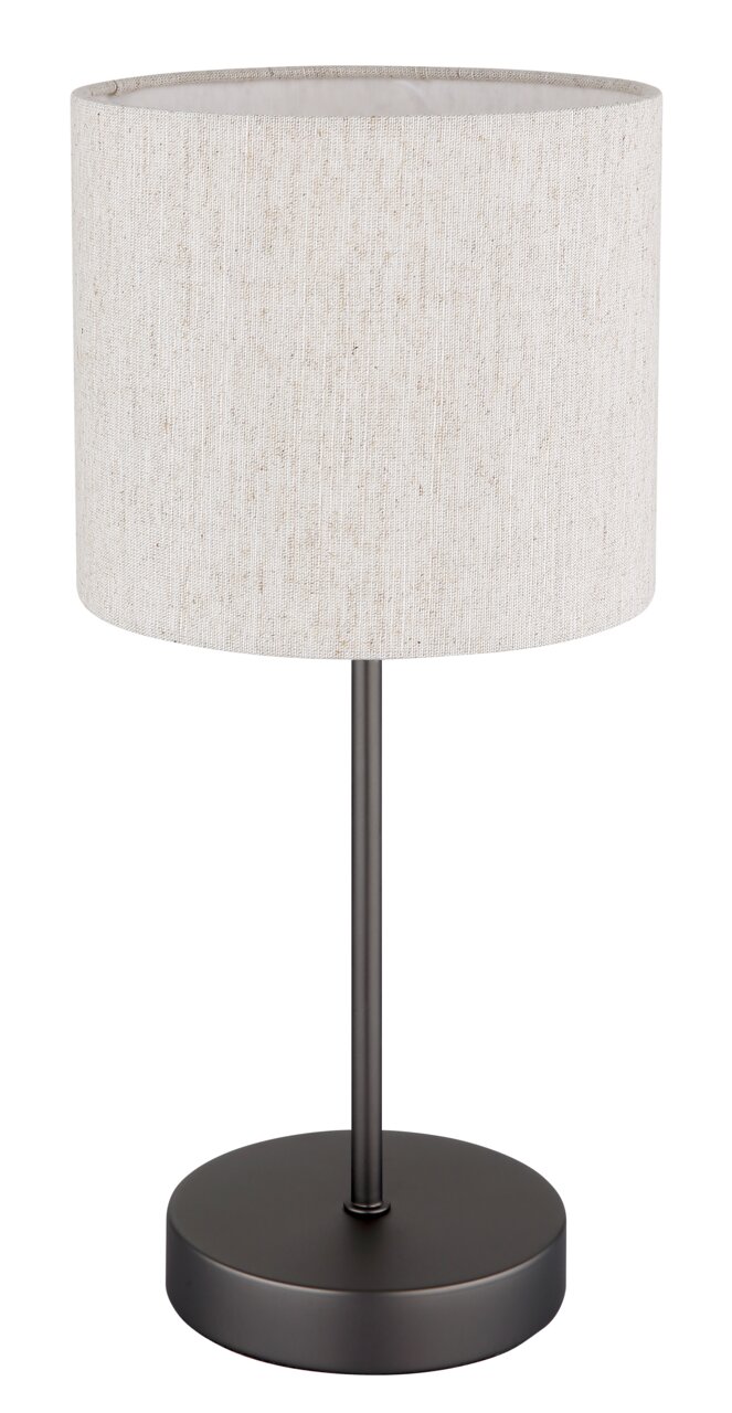 Moderne Tischleuchte mit rundem Stoffschirm in Beige und schwarzem Metallfuß, seitliche Perspektive.