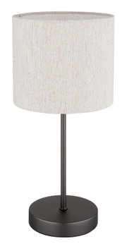 Moderne Tischleuchte mit rundem Stoffschirm in Beige und schwarzem Metallfuß, seitliche Perspektive.