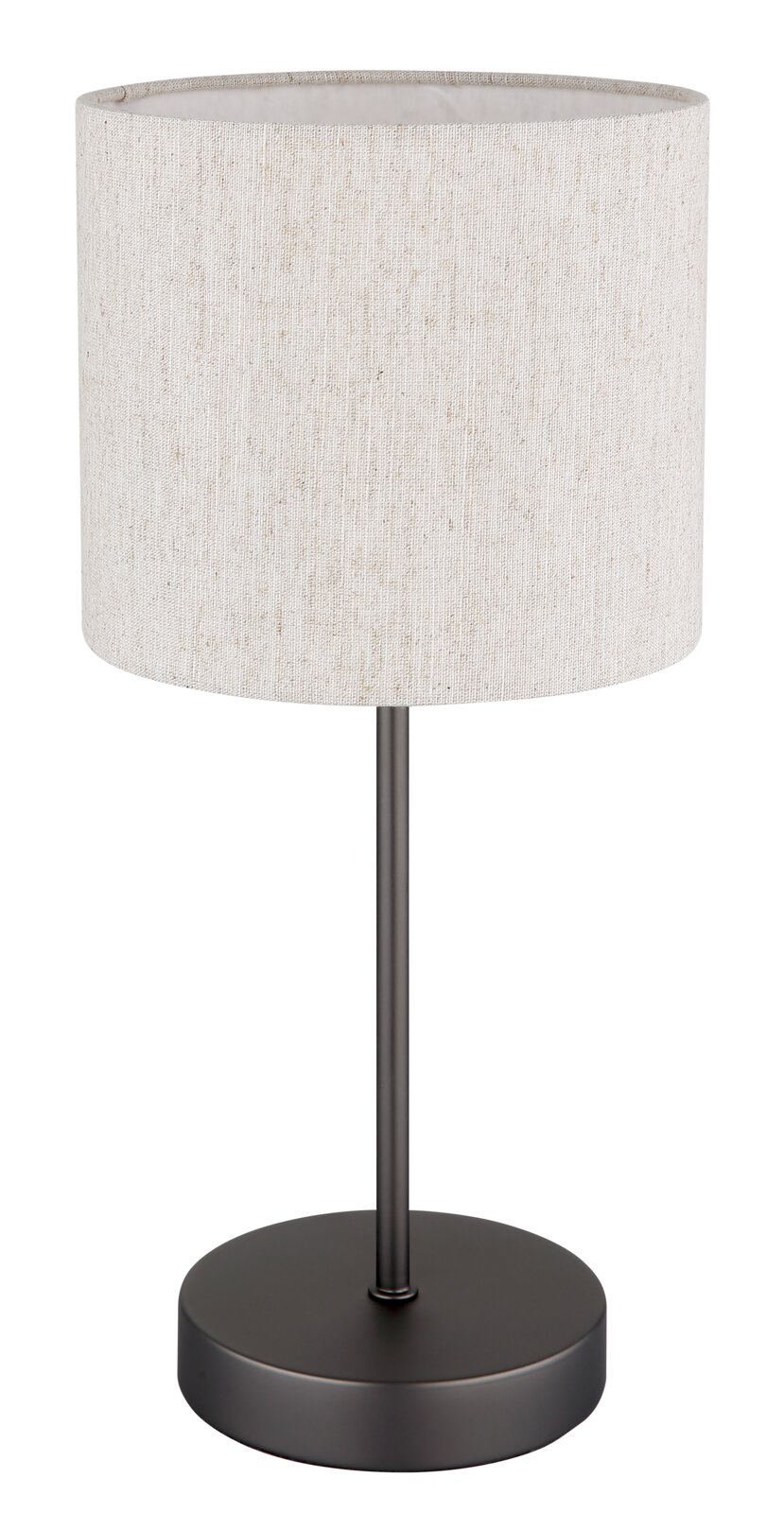 Moderne Tischleuchte mit rundem Stoffschirm in Beige und schwarzem Metallfuß, seitliche Perspektive.