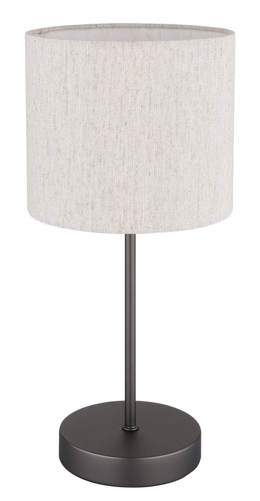 Moderne Tischleuchte mit rundem Stoffschirm in Beige und schwarzem Metallfuß, seitliche Perspektive.