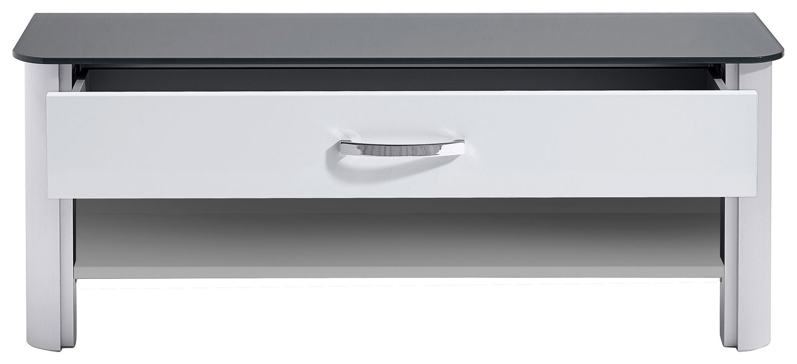 Moderne weiße Bank mit Schublade und schwarzer Glasplatte, Frontalansicht