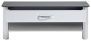 Moderne weiße Bank mit Schublade und schwarzer Glasplatte, Frontalansicht