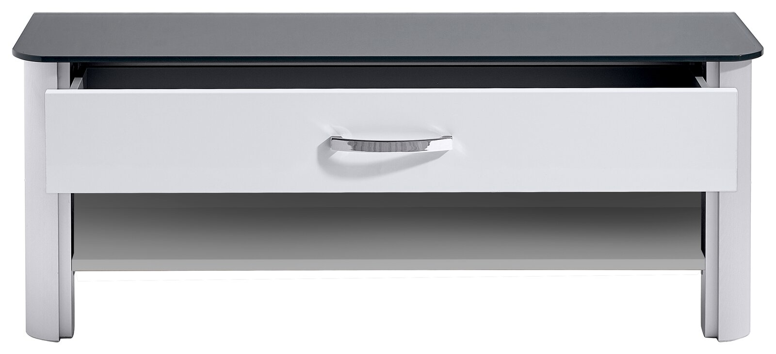 Moderano Bank MILANO Moderne weiße Bank mit Schublade und schwarzer Glasplatte, Frontalansicht