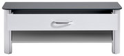 Moderne weiße Bank mit Schublade und schwarzer Glasplatte, Frontalansicht