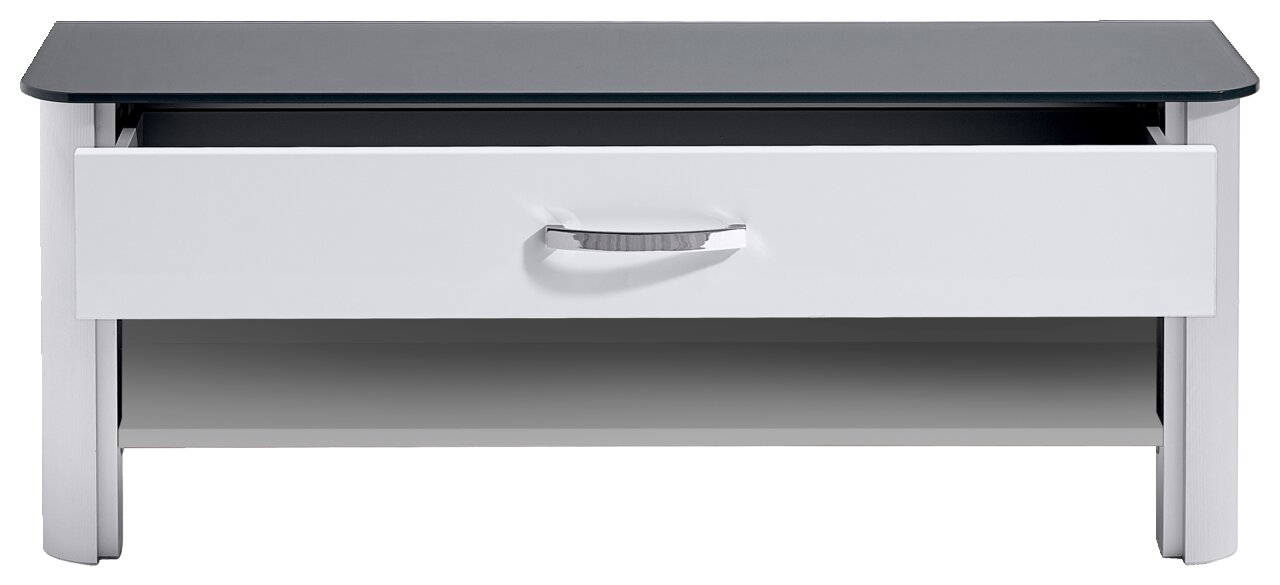 Moderne weiße Bank mit Schublade und schwarzer Glasplatte, Frontalansicht