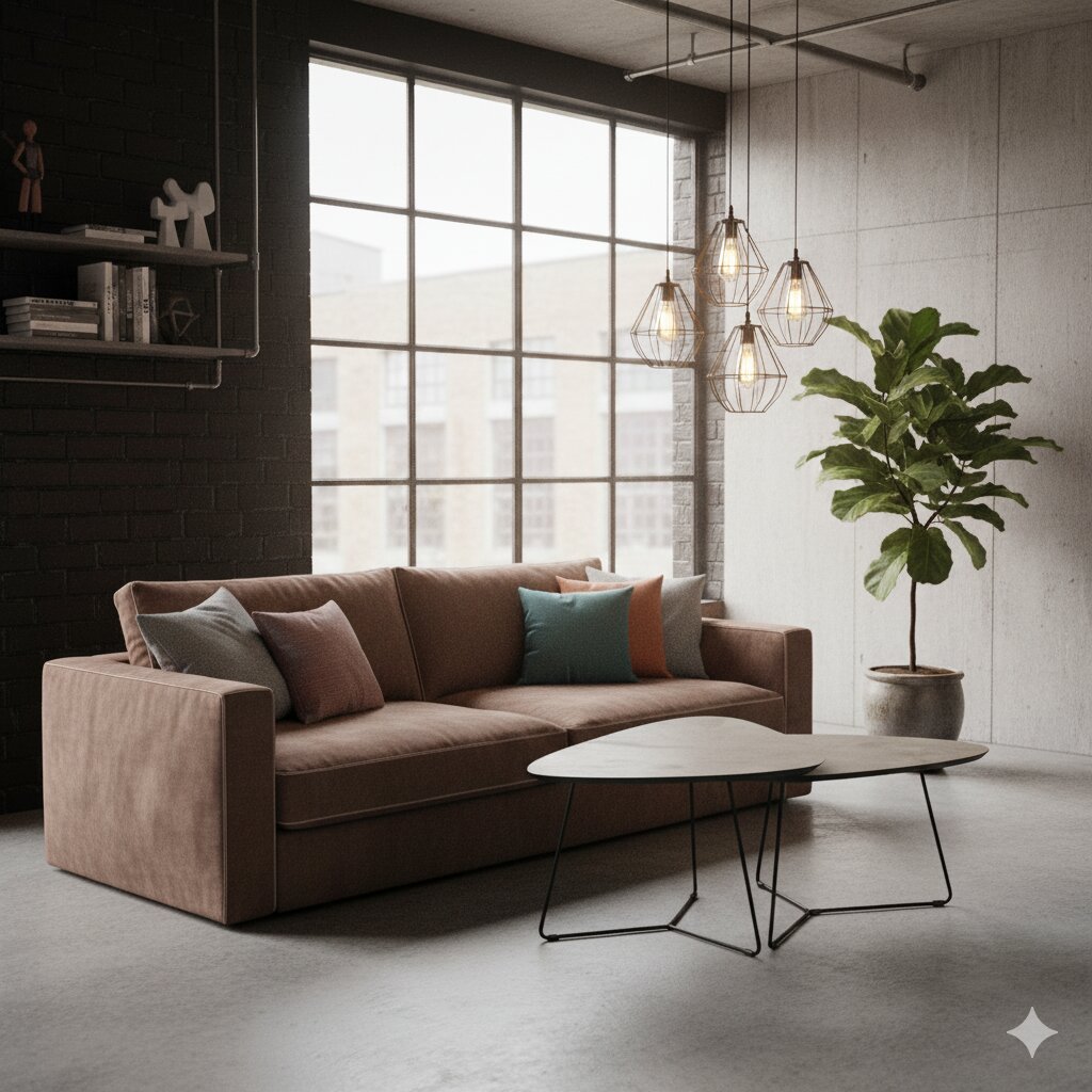 Z2 Couchtisch 2er-Set MASSA Modernes Wohnzimmer mit braunem Sofa, farbigen Kissen und zwei Couchtischen vor großer Fensterfront, rechts Zimmerpflanze und Hängeleuchten – Perspektive: frontale, leicht seitliche Ansicht auf Sofa und Tische.