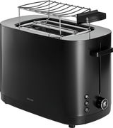 Schwarzer Toaster mit Brötchenaufsatz, seitliche Ansicht