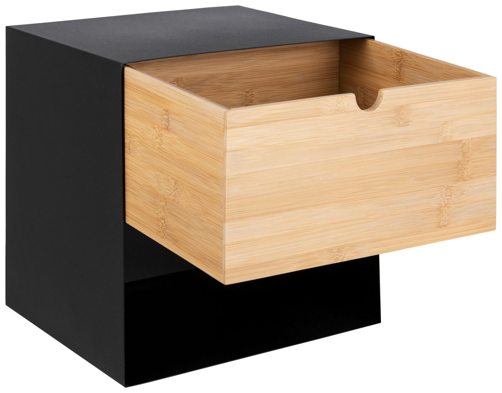 Moderne Nachtkommode mit schwarzem Korpus und Schublade aus hellem Holz, perspektivisch von vorne rechts fotografiert.