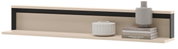 Beige wandplank met zwarte achterrand, gestyled met een grijze vaas op boeken en een witte ribbelvaas, weergegeven in frontaal aanzicht op witte achtergrond.