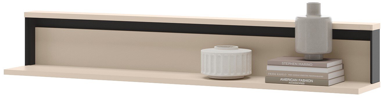 Beige wandplank met zwarte achterrand, gestyled met een grijze vaas op boeken en een witte ribbelvaas, weergegeven in frontaal aanzicht op witte achtergrond.