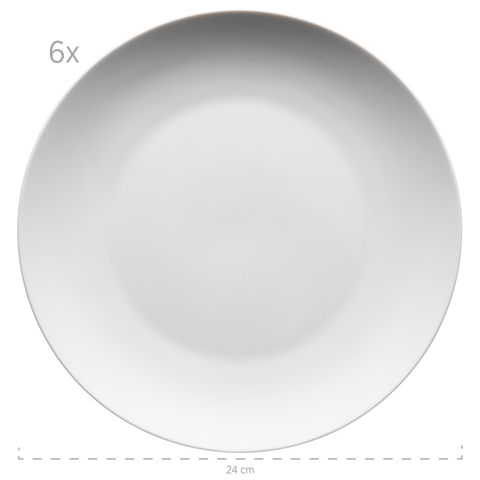 Weißer runder Speiseteller (6er-Set) mit 24 cm Durchmesser, Draufsicht/Top-Down-Perspektive auf weißem Hintergrund.
