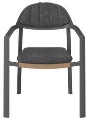 Moderner Loungesessel mit grauem Stoffbezug und schwarzem Gestell, Frontalansicht