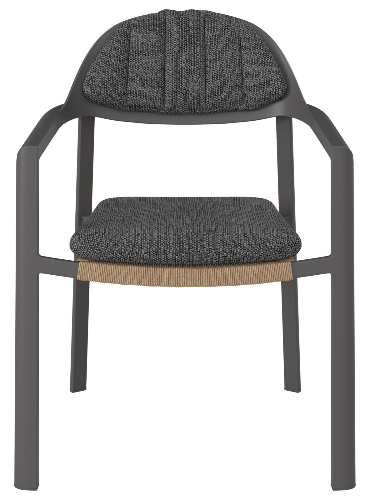 Moderner Loungesessel mit grauem Stoffbezug und schwarzem Gestell, Frontalansicht