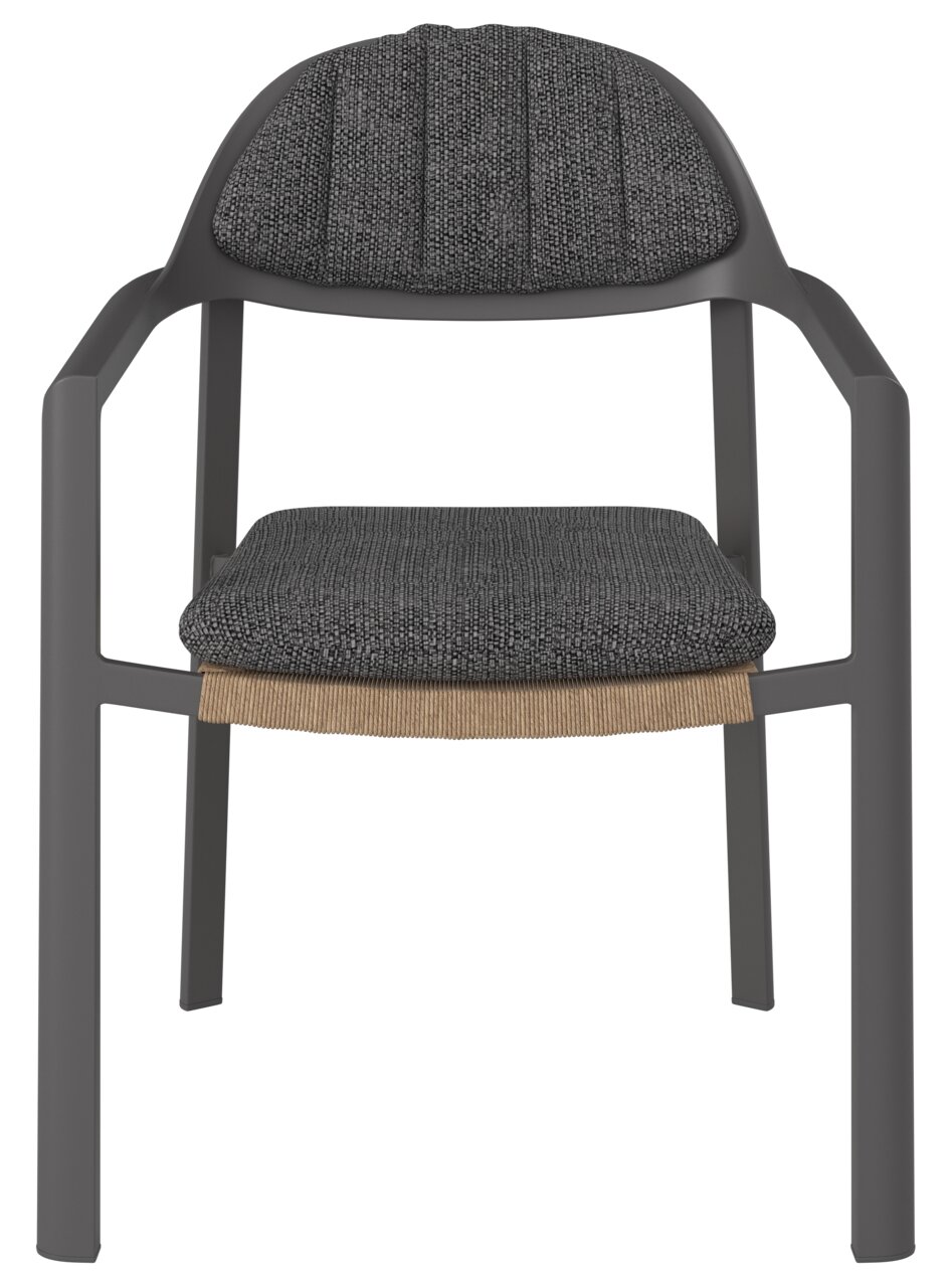 Moderner Loungesessel mit grauem Stoffbezug und schwarzem Gestell, Frontalansicht