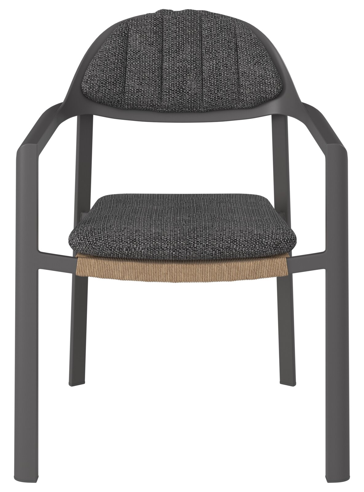 Moderne loungestoel met grijze stoffen bekleding en zwart frame, vooraanzicht